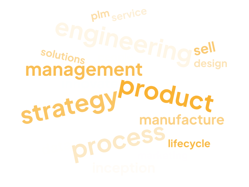 Cloud de palabras: Product Lifecycle Management, strategy, workflow, data, process, service, PLM, Management, etc.
